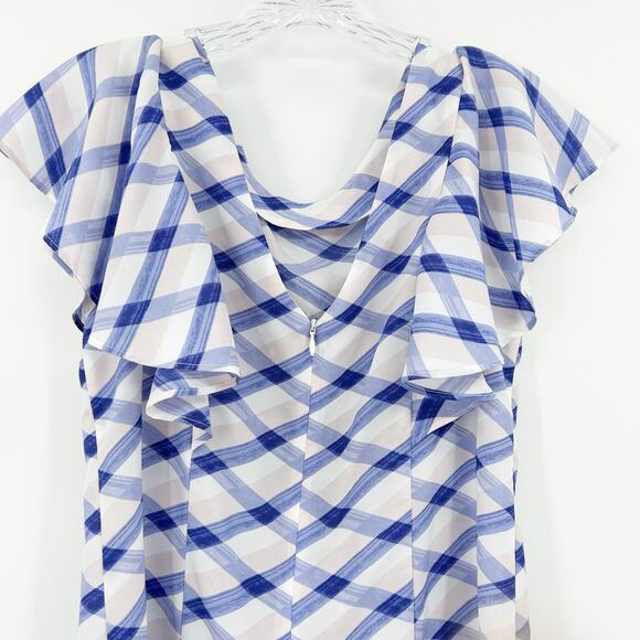Banana Republic Blue and White Checkered Ruffle Sleeve Top Career Womens Size 6 - Picture 9 of 11